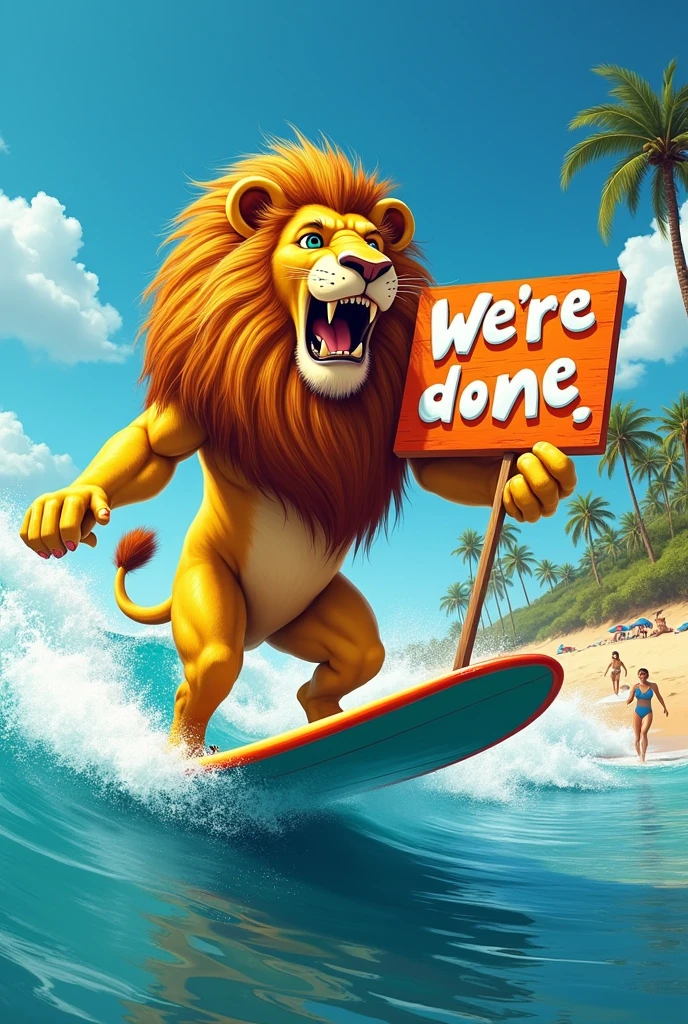 a lion holding a sign with the letters "We're done", surfing on the beach