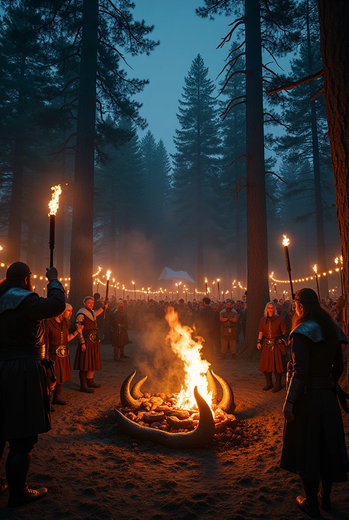 Picture a night in a forest clearing, with torches lighting up the area. The grill is shaped like a dragon, and the food includes massive turkey legs, roasted boar, and mead served in horn mugs. Everyone is dressed in Viking attire, with metal music playing in the background. The atmosphere is wild and epic, perfect for a metal gathering!