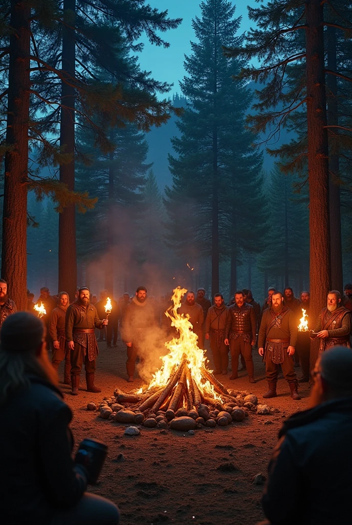Picture a night in a forest clearing, with torches lighting up the area. The grill is shaped like a dragon, and the food includes massive turkey legs, roasted boar, and mead served in horn mugs. Everyone is dressed in Viking attire, with metal music playing in the background. The atmosphere is wild and epic, perfect for a metal gathering!