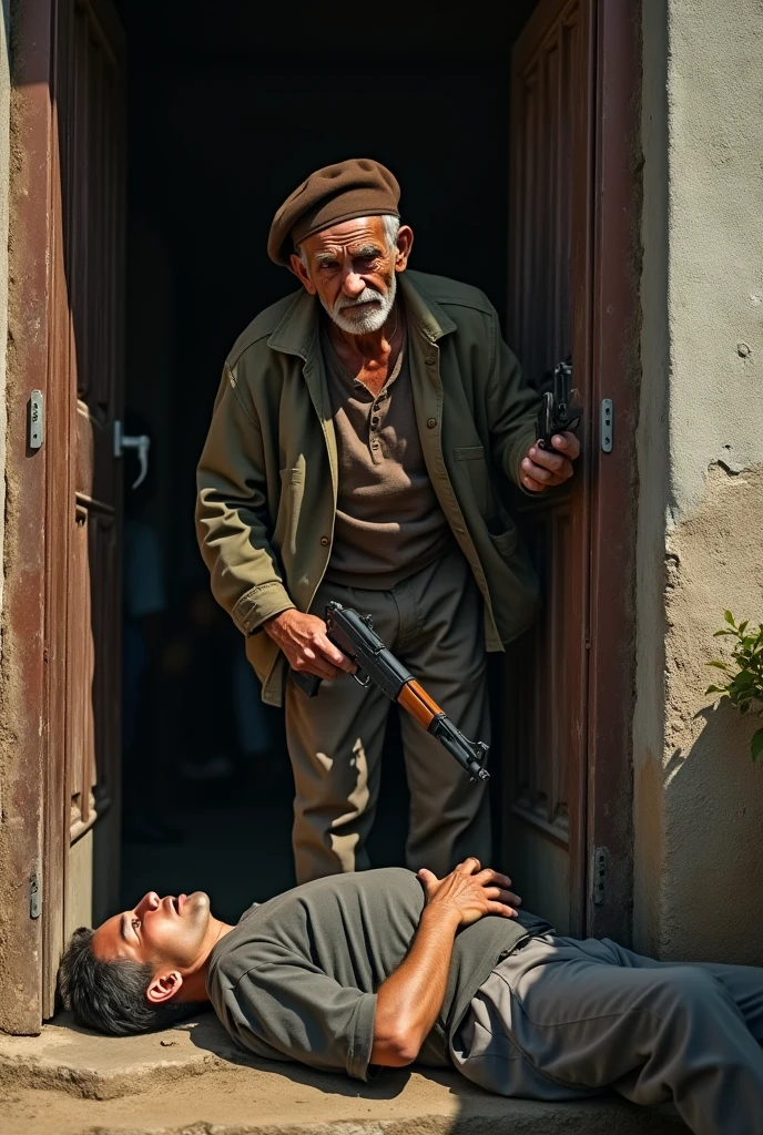 The image shows the facade of a modest house, with a partially open door. In front of the door, a man over 79 years old, with an expression of despair and pain, He holds a firearm in his hand. the man, with a brown beret on his aged and life-marked looking head, wear simple clothes. A 29-year-old man lies on the ground, near the entrance, in a state of decline, with an expression of surprise and suffering. 

In the background, You can see the blurred figure of a woman, the young man&#39;s mother, who tries to run towards him. The scene is captured in a dramatic style, with an intense use of light and shadows that accentuate the moment of tension. Lighting comes from midday sunlight