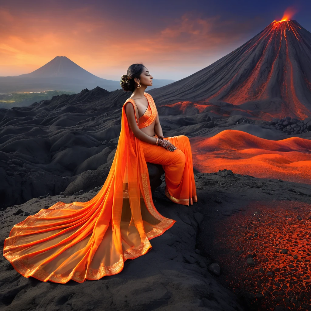 Create an ultra-realistic 1028k QHD full-body photo of a model in a sleeping pose, in long flowing fluorescent orange chiffon saree, set against a dim volcano background