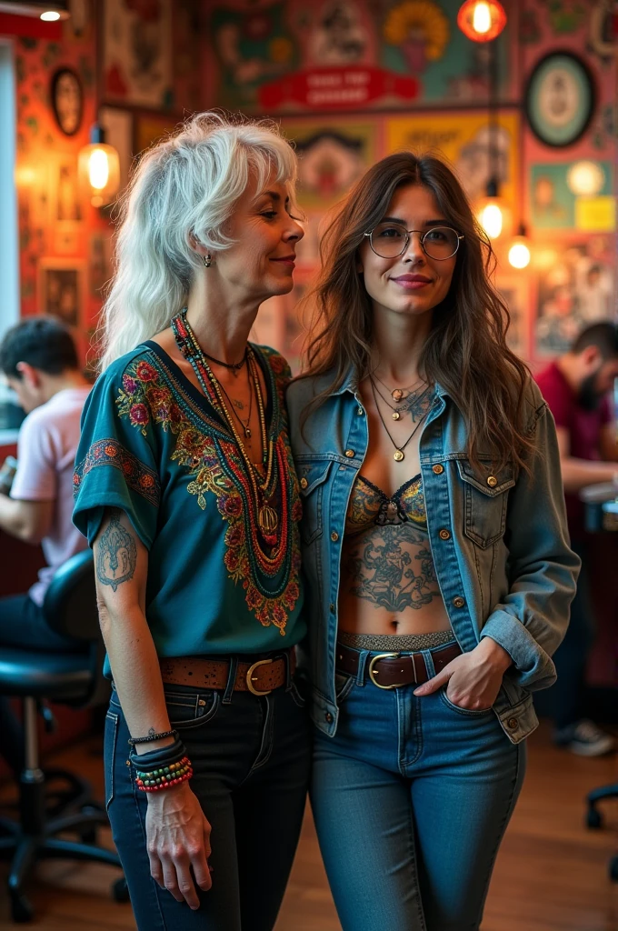 Mother and adult daughter animated into a tattoo shop