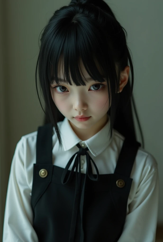 ((masterpiece, best quality)), (1girl), (solo), (female focus), yoru (chainsaw man),(very detailed face, real image, realistic white skin, realistic body, intricate details), upper body, focus on face, black hair tied, long hair, intimidating look, black pinafore dress, shirt, neck ribbon, small breasts