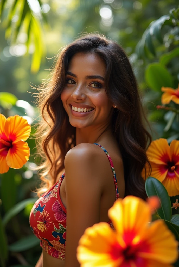 A Brazilian woman in a lush tropical garden, no clothing, with a close-up capturing the harmonious beauty between her breasts and the natural flowers, showing off your natural charm and outgoing personality.