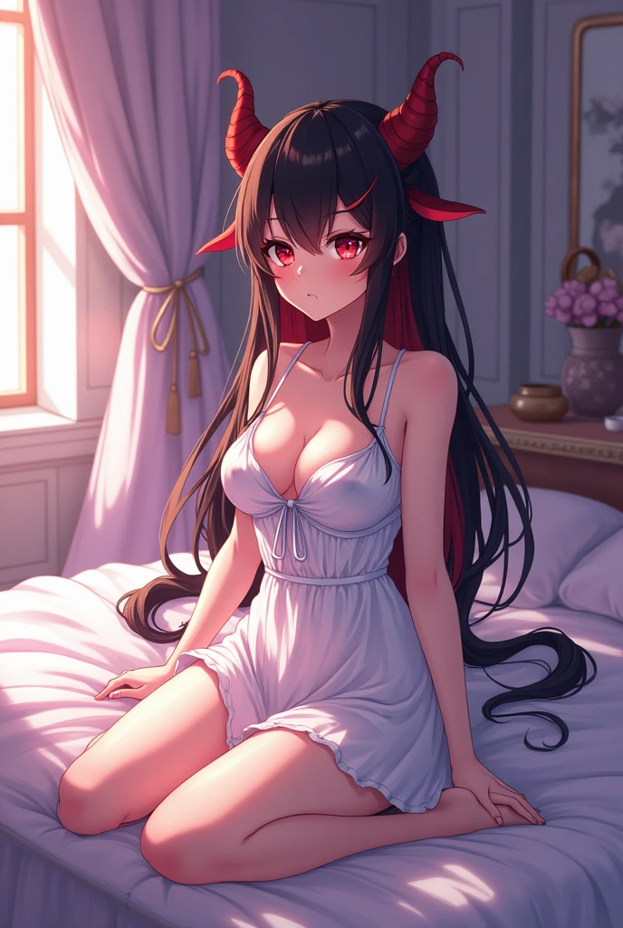 Anime girl, demon girl, 1girl, big boobs, multicolour hair, black hair, red hair, sitting on bed, white dress, swimsuit