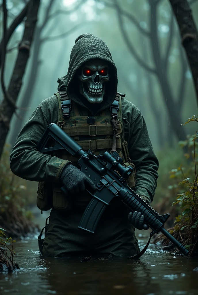 Big scary military man with skull mask , in the swamp, armed,3d photo,