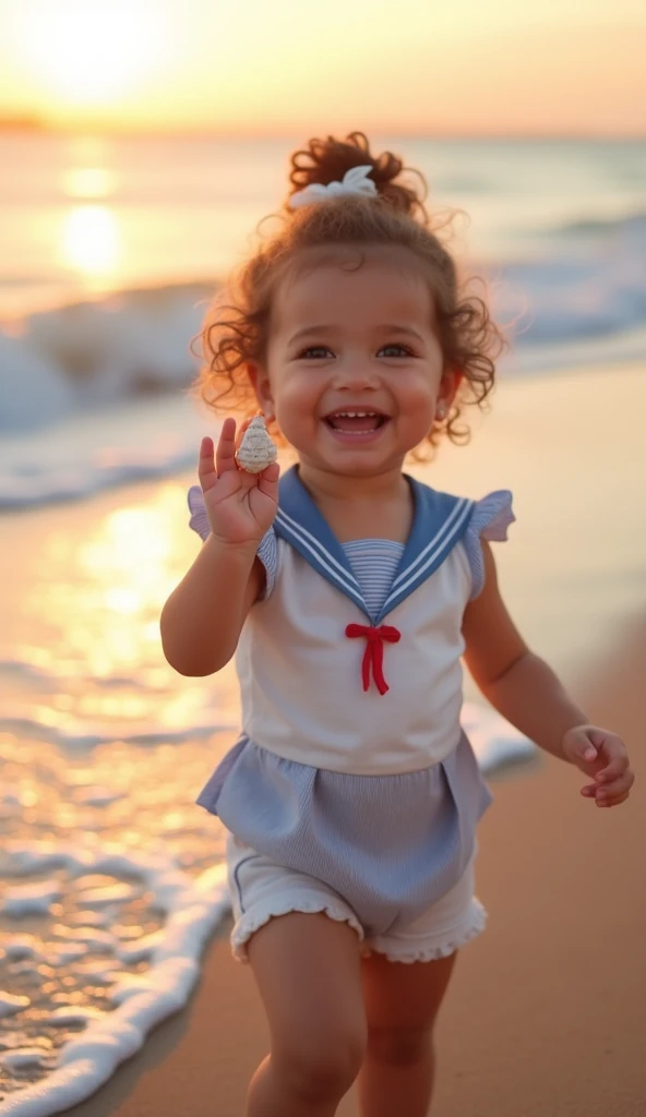 Create an extra realistic image of a 2. named Marivane, with large, sparkling eyes and long lashes, laughing with delight. She has chubby cheeks and is wearing a cute, sailor-themed outfit. The scene is set at the beach, with the waves gently crashing in the background, and the sun setting, casting a warm glow over her. The sand beneath her feet is slightly blurred to focus on her exuberant expression, as she holds a small seashell in her hand. This image is taken with a wide-angle prime lens (24mm f/1.4), which captures the expansive beach scene while keeping the subject sharply in focus. The wide aperture creates a beautiful separation between the girl and the background, and the slight zooming effect gives depth to the waves and emphasizes the vastness of the ocean, creating a vibrant and lively atmosphere. Ensure that her hand is visible with exactly five fingers. Negative prompt: No additional fingers, out of frame, lowres, text, error, cropped, worst quality, low quality, jpeg artifacts, ugly, duplicate, morbid, mutilated, out of frame, extra fingers, mutated hands, poorly drawn hands, poorly drawn face, mutation, deformed, blurry, dehydrated, bad anatomy, bad proportions, extra limbs, cloned face, disfigured, gross proportions, malformed limbs, missing arms, missing legs, extra arms, extra legs, fused fingers, too many fingers, long neck, username, watermark, signature.
