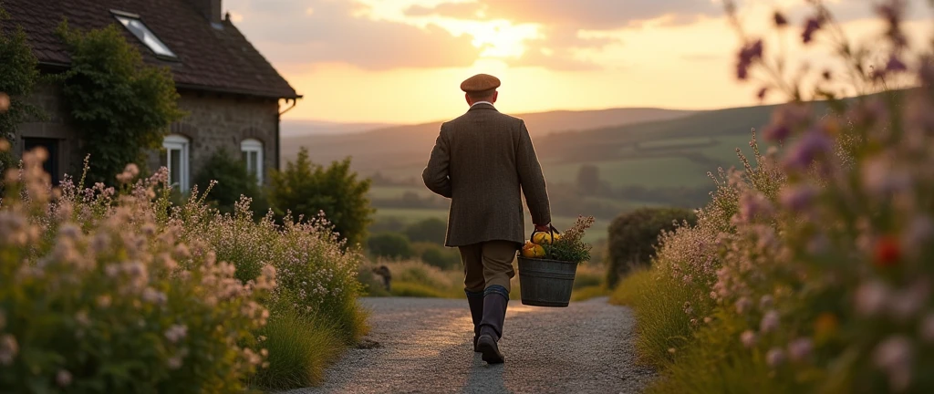 An image of a country gentleman, carrying a bucket, going home, em um vilarejo, country man, photo realist, image from bottom to top, horizon line
