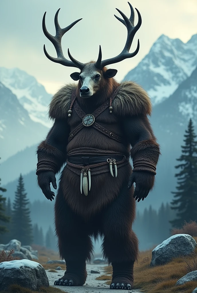 A Nordic Viking, high, with buffalo skull helmet and deer antlers, clothing made from bear skin, muscular and bearded 