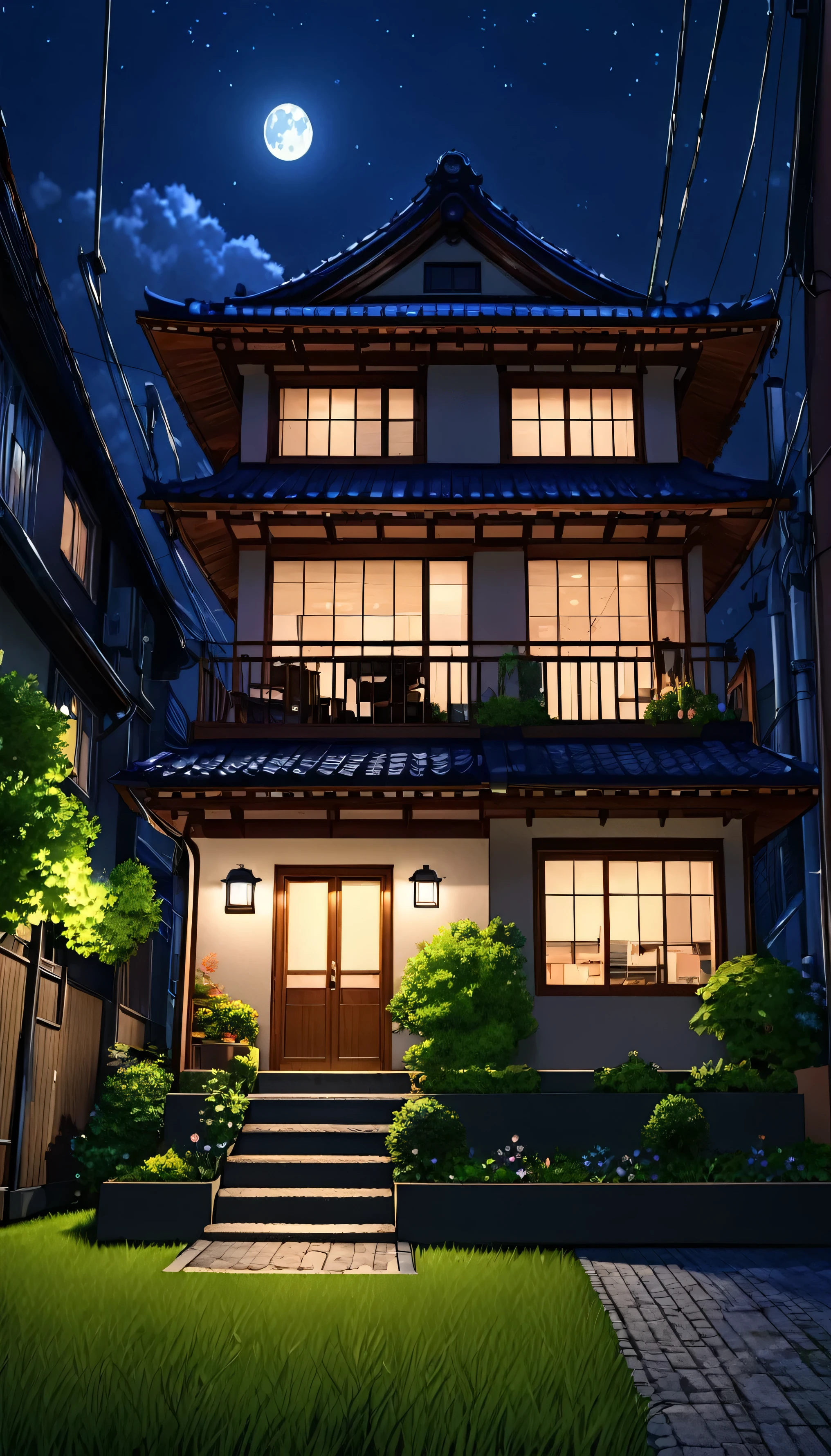 Anime Modern house on heart of Tokyo city in the night, low light, perfect lighting,ultra realistic, high resolution, highly detailed, grass on the front of house, electric pow, moon light behind the house, 