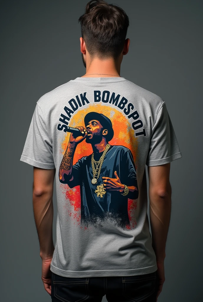 Make a oversize t-shirt color gray add some unique art of hip hop rap artist with mic ,print the art in back side and add this slogan SHABDIK BOMBSPOT
