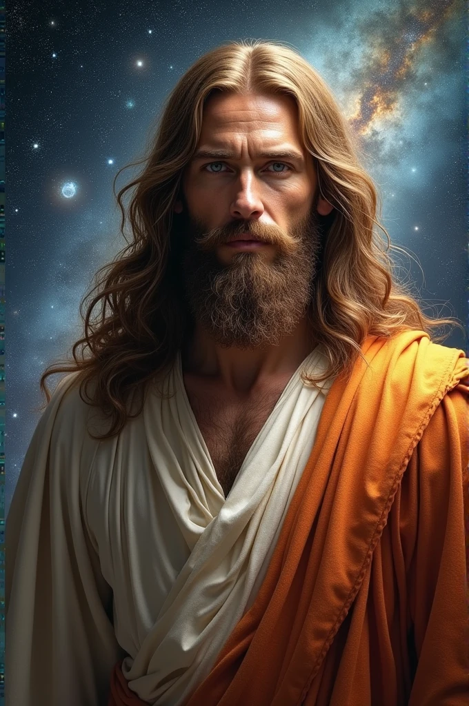 arafed image of jesus with long hair and beard, jesus face, jesus christ, portrait of jesus christ, gigachad jesus, jesus christ in mass effect, jesus of nazareth, jesus, dressed like jesus christ, the face of god, young almighty god, god looking at me, black jesus, jesus christ going super saiyan, the lord and savior