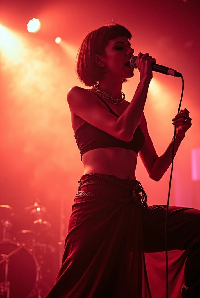 Short Bob、Japan Female Vocals、Japanese、8k、live house、Bright lighting、A stage filled with smoke、punk、Woman shouting into a microphone、Dark eye eyeshadow、Face down、Long skirt、Gaze,