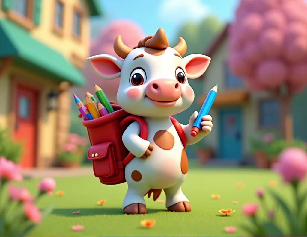 A white cow with its brown spots, mer, with positions linked to a stationery brand, some positions would be with a blue writing pencil, in 3d the drawing. cow with small horn and red backpack on her back