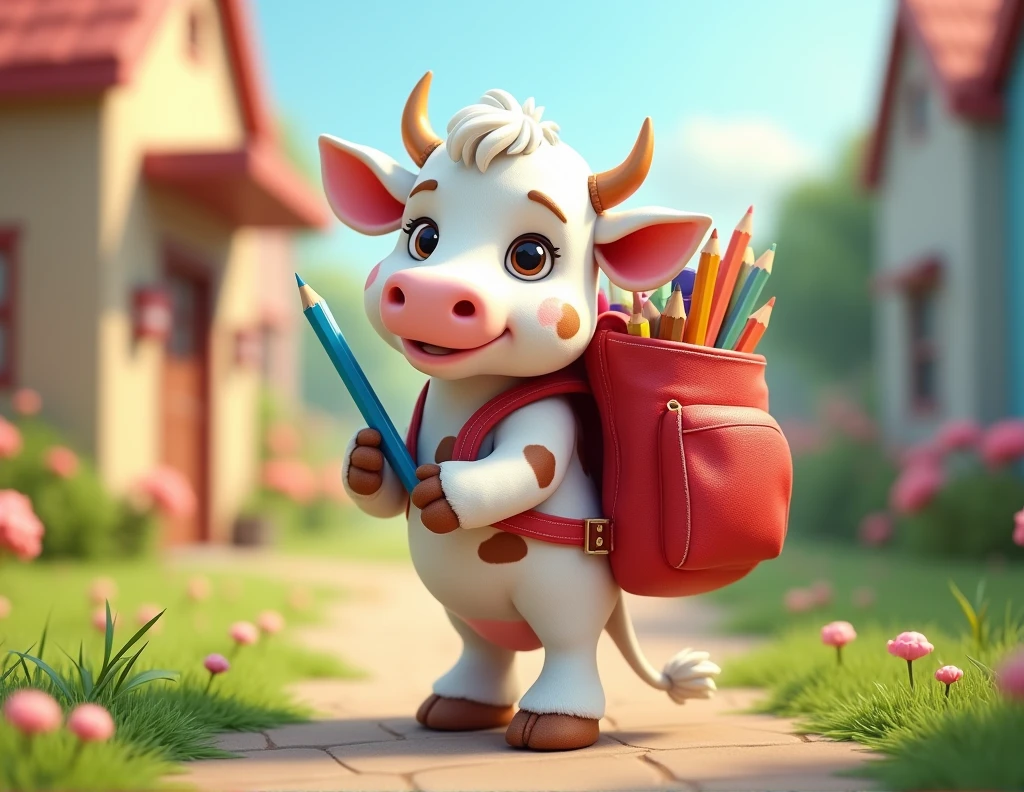 A white cow with its brown spots, mer, with positions linked to a stationery brand, some positions would be with a blue writing pencil, in 3d the drawing. cow with small horn and red backpack on her back