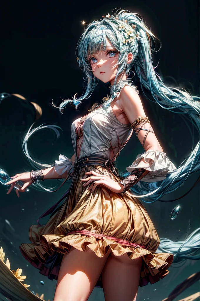 (masterpiece), (best quality), (ultra detailed),(disheveled hair),(illustration), (1girl), (Fashionable clothing), standing, Fashion model, looking at viewer, (interview), (simple background),beautiful detailed eyes, delicate beautiful face, Floating,(high saturation),(colorful splashes),colorful bubble,(shining), focus on face, ponytail, kamisato ayaka, light blue hair, bangs, hair ring, floating flowers, floating hairs, (shining), best lighting, best shadow,