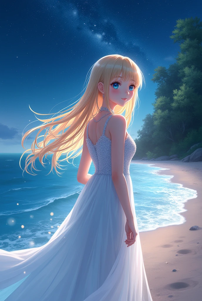 (masterpiece、Highest quality、8k、High resolution)、(Anime Girl)、Best Style、(The most beautiful face)、Clear skin、Clean blue eyes、Beautiful lips、Beautiful nose、Blonde Hair、Walking on the sand、Ocean、You can see the forest、A bright night with stars visible、Mysterious light particles emitting from the body、Very mysterious light、jewelry、necklace、dress、(whole body)、Highly detailed anime art、A complete portrayal、