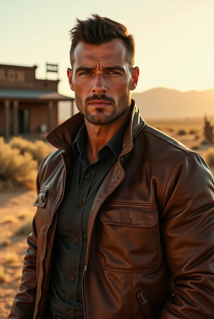 "A man in a leather jacket, holding a knife in his hand, in a classic Old West setting. Your hair is parted in the middle, giving it a serious and intense appearance, and your face is clean, sem beard, highlighting his striking features. The background reflects the arid and dusty atmosphere typical of the Wild West., with rolling weeds and the outline of a saloon in the distance." sem beard