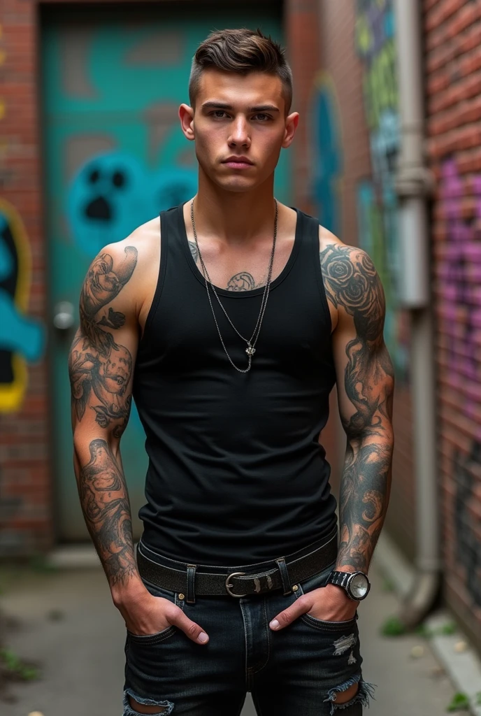 18 year old American boy, Western facial features, has a strong body and tattoos on his arms, has a basic and somewhat rocker style, has a haircut a short undercut, rigid and dominant posture