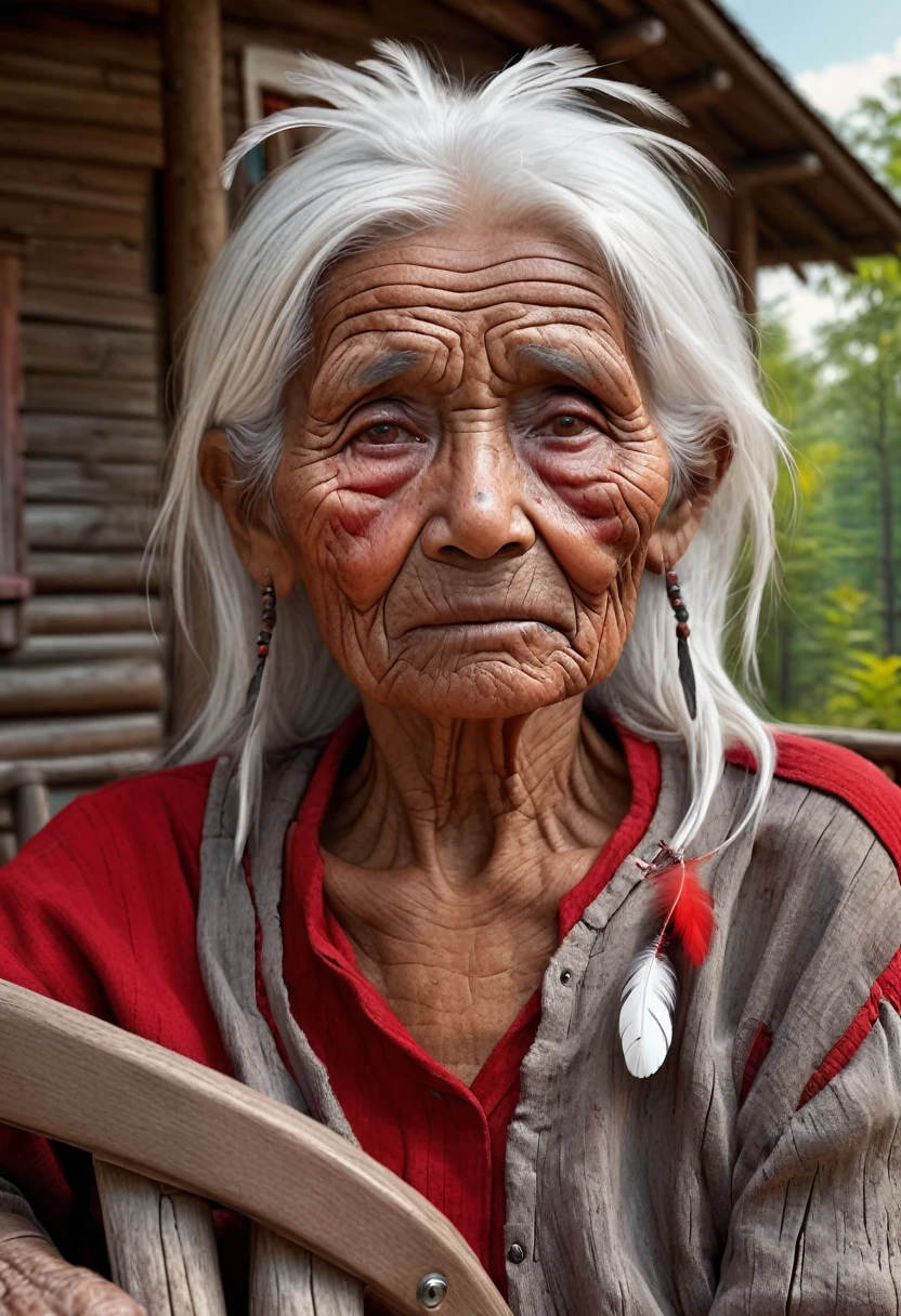 elderly indigenous woman, extremely wrinkled face, black eyes, white hair, single red feather in hair, sitting in rocking chair on wooden porch, wooden house, forest background, (best quality,4k,8k,highres,masterpiece:1.2),ultra-detailed,(realistic,photorealistic,photo-realistic:1.37),hdr,studio lighting,vivid colors,dramatic lighting,cinematic composition