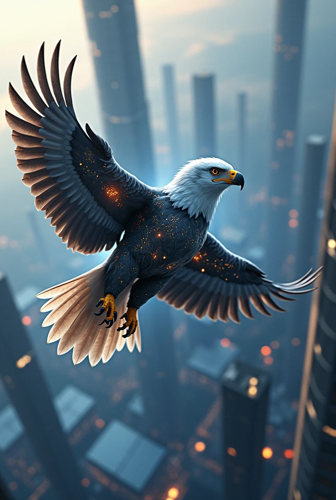 Create a profile picture of a white-tailed eagle (pygargue) with a robotic, cybernetic design. The eagle should appear futuristic, embodying elements of AI and cybersecurity. It should be depicted in mid-flight, engaged in an aerial battle, with sleek metallic feathers, glowing cybernetic components, and a powerful, determined expression. The background should suggest a high-tech, futuristic environment.