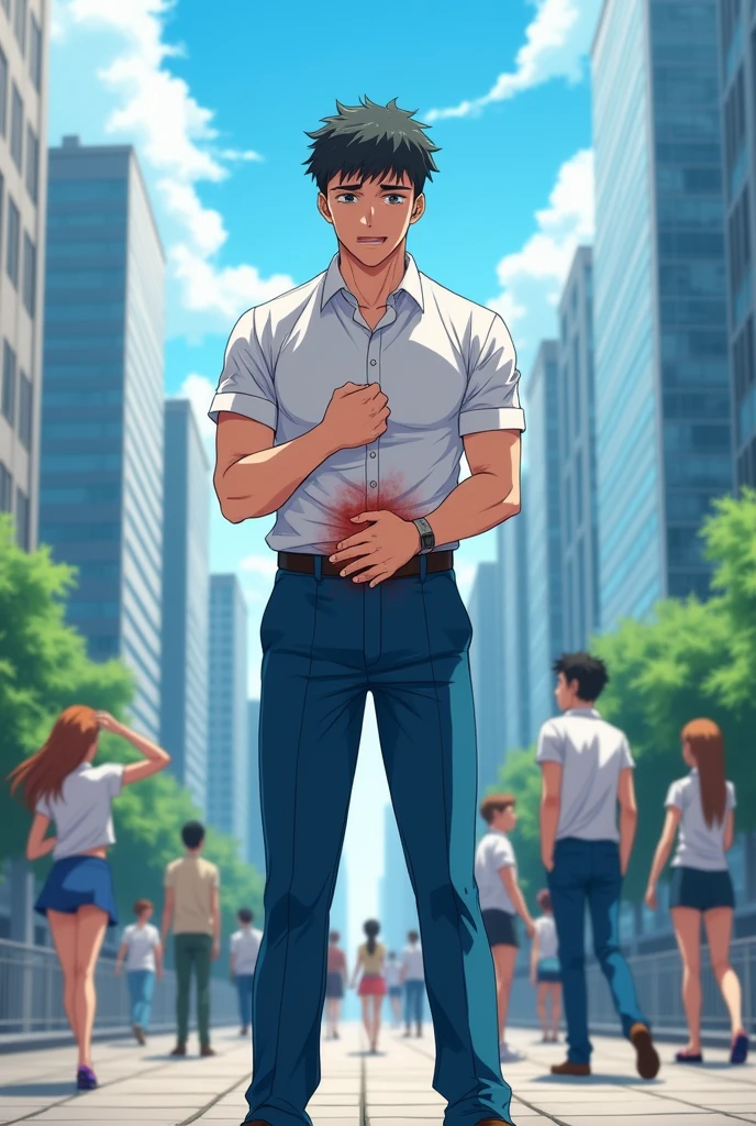 In the morning city,  a slender and mascular young man in his blue suits pants is pissing himself, there's a pee stain on his pants. He couldn't hold his pee. He is holding his crotch to stop peeing but his pee is leaking out from his pants,  and it is making a pee puddle at his feet. Wet spot on his pants, Short sleeve shirt, He looks embarrassed. Anime.