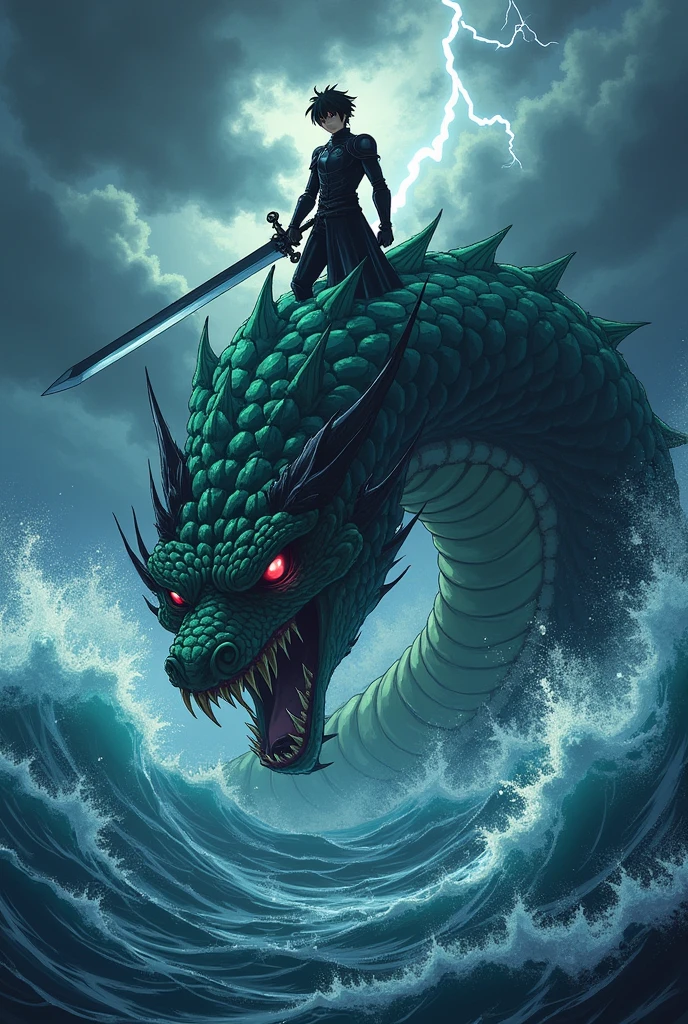 Creates a rather large and quite fearsome sea serpent while a man in black armor, A large sword and short hair are on top of him fighting in an anime-style duel to the death