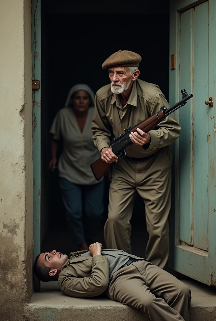 The image shows the facade of a modest house, with a partially open door. In front of the door, a man over 79 years old, with an expression of despair and pain, He holds a firearm in his hand. the man, with a brown beret on his aged and life-marked looking head, wear simple clothes. A 29-year-old man lies on the ground, near the entrance, in a state of decline, with an expression of surprise and suffering. 

In the background, You can see the blurred figure of a woman, the young man&#39;s mother, who tries to run towards him. 