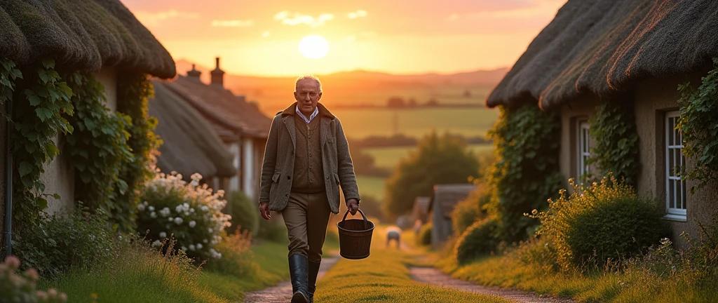 An image of a country gentleman, carrying a bucket, going home, em um vilarejo, country man, photo realist, image from bottom to top, horizon line
