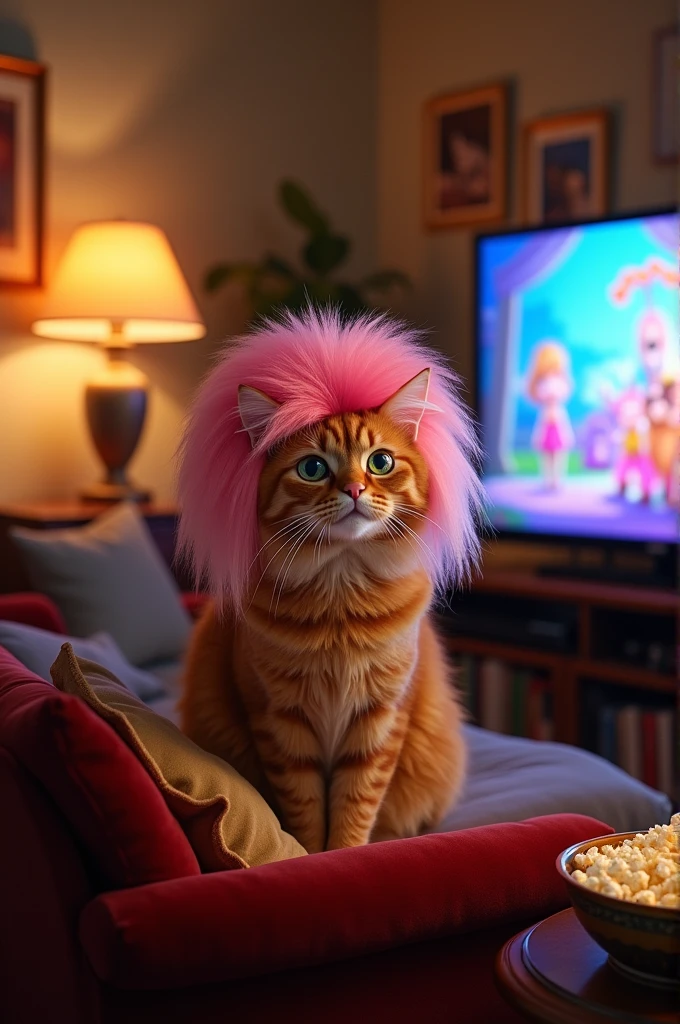 Cat with wig watching show
