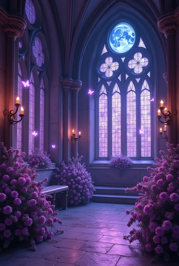 The castle interior background is purple in color. There are lavender and purple thorn roses around. There are several glowing butterflies flying around. The windows are stained glass. You can see the blue-purple moon through the glass. 16:9 image format