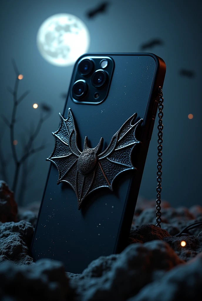 Bat phone case, silver chain and moon
