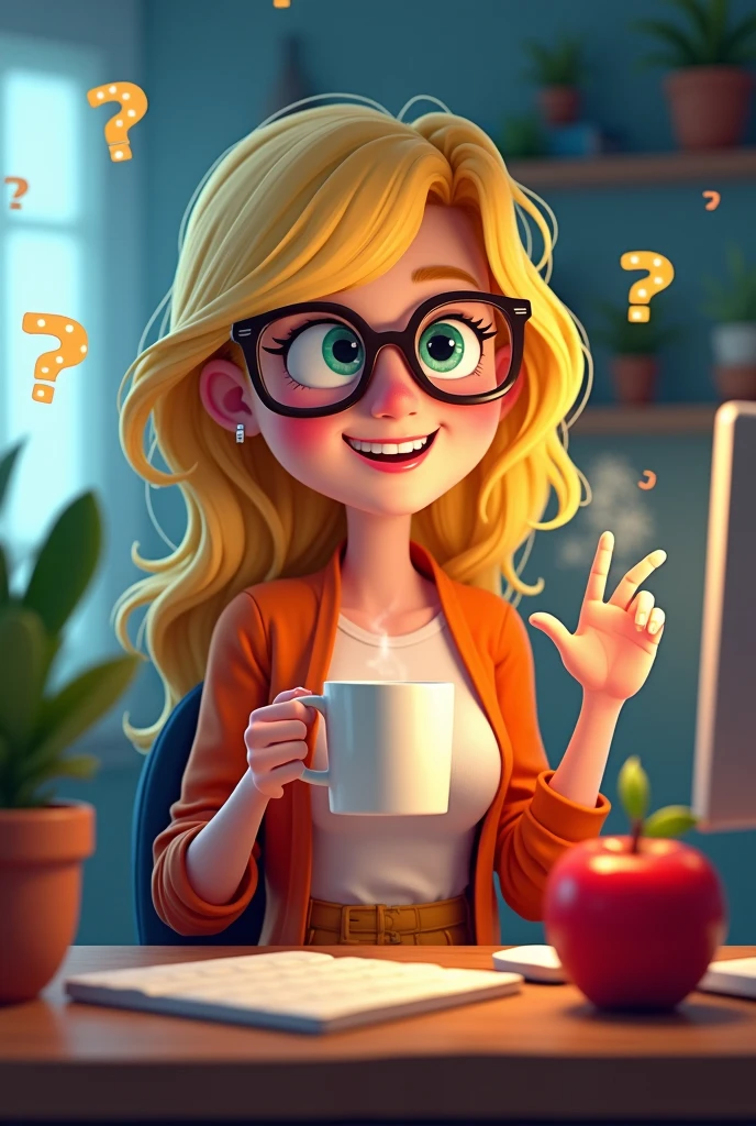 pixar style character programmer; blonde; woman; loves coffee and apple.