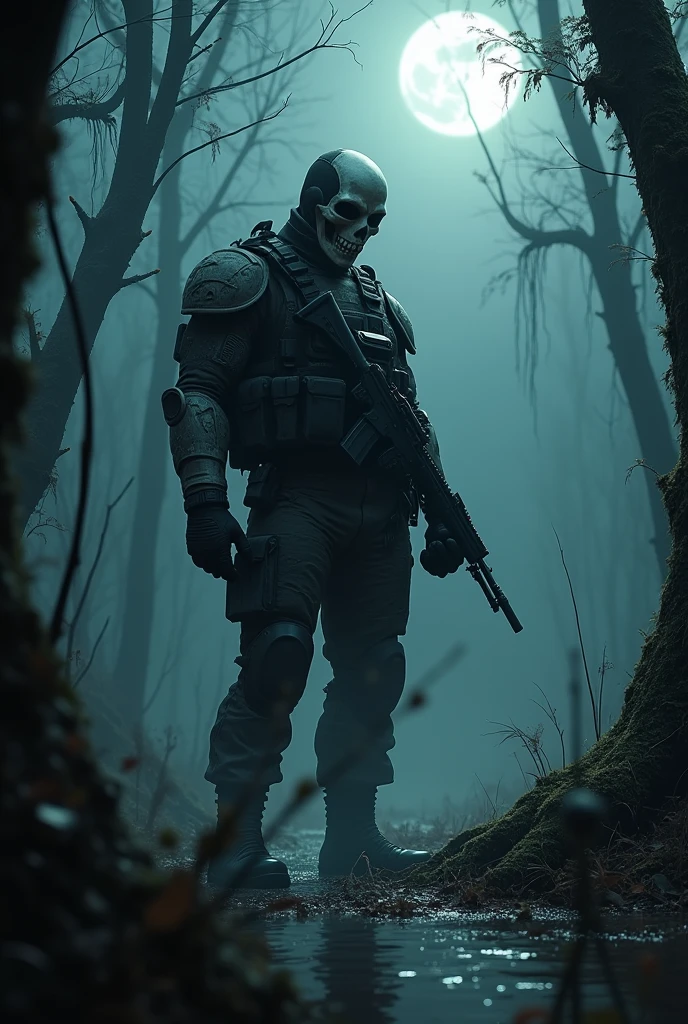 Big scary military man with skull mask , in the swamp, armed,3d photo, with aspiring gamer name