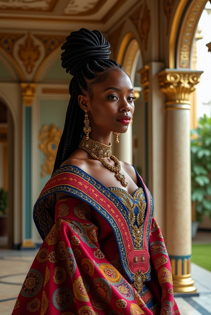 Create an image of a stunning Yoruba princess adorned in traditional attire. She should be wearing an elaborate, intricately, richly embroidered aso-oke. Her hair should be well plaited and decorated with traditional beads. Her outfit should include layers of colorful, patterned fabric with gold accents, showcasing her royal status. The background can be an elegant palace setting, reflecting her opulent lifestyle. Capture her grace and beauty through a serene and confident expression, embodying the essence of Yoruba royalty.