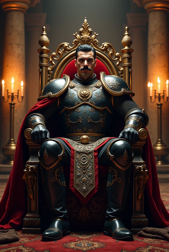 a muscular Turkish king sitting on a throne, a short-haired king with a crown black armor mustache,no beard