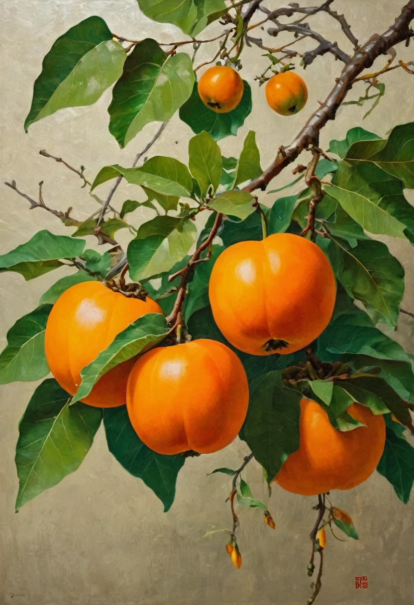 There are several persimmons hanging on the branches,There are green leaves to set off,Composition is simpler,oil painting style
