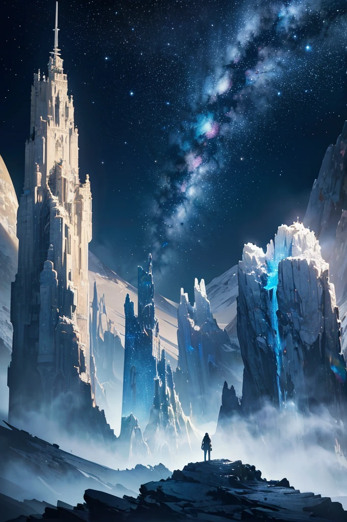 a surreal moonscape, stars in the night sky, the milky way galaxy, dramatic lighting, cinematic composition, highly detailed, photorealistic, 8k, (best quality,4k,8k,highres,masterpiece:1.2),ultra-detailed,(realistic,photorealistic,photo-realistic:1.37),dramatic lighting,glowing moon,atmospheric haze,detailed lunar surface,towering mountains,dramatic shadows,vibrant colors,cosmic landscape,awe-inspiring scale,ethereal atmosphere