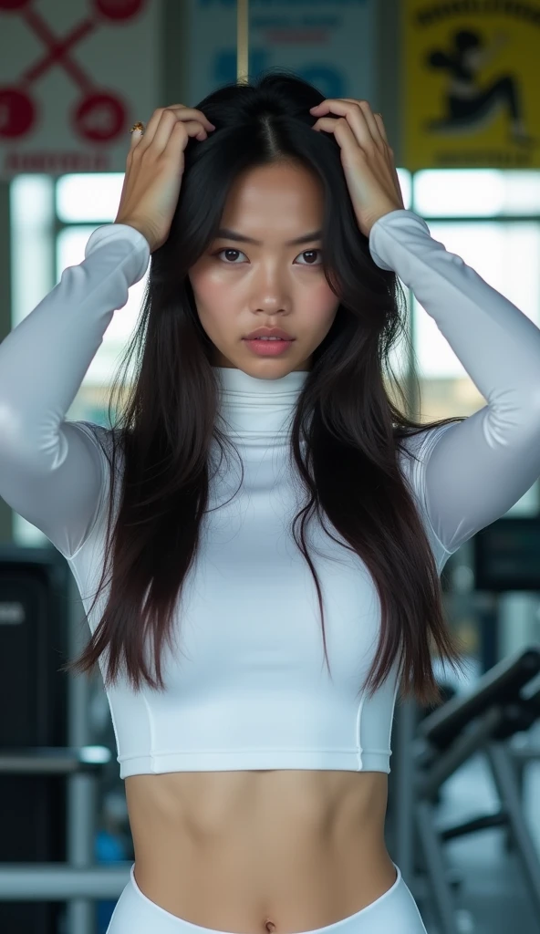 Create an Asian long-haired beauty,Wearing a long white turtleneck fitness shirt,Scratching the scalp with both hands,There is a lot of dandruff on the top of the head,White fine dandruff on the top of the head,The expression is unhappy,The characters are realistic and realistic,Gym background,9:16 frames,Ultra-high-definition picture quality