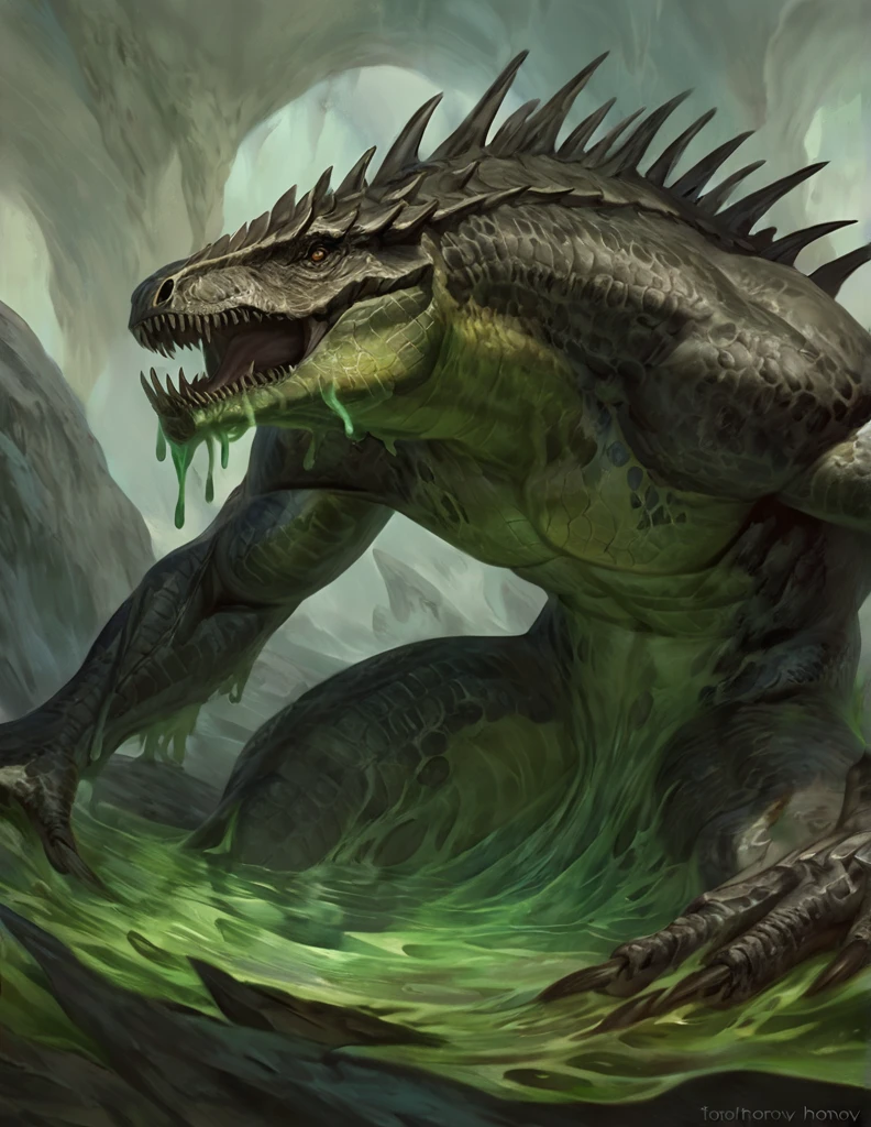 (anthro green slime monster,shape of a lizardman,transparent slime body with lizardman skull and bones inside,comic book style,best quality,4k,ultra-detailed,realistic,by laobai,by taran fiddler,by honovy)