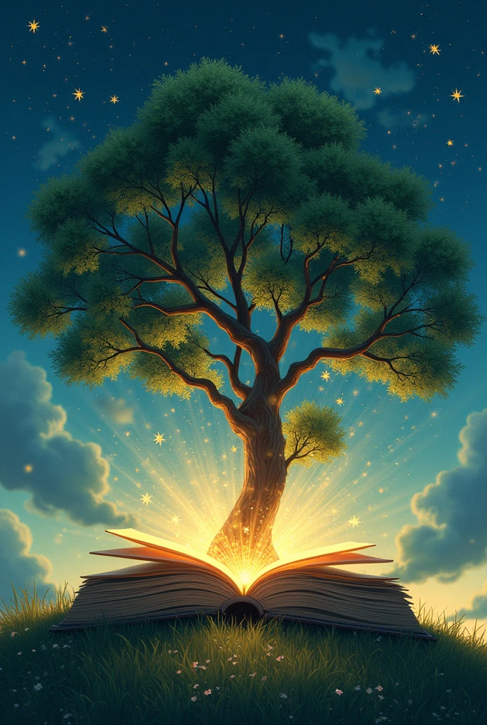 an illustration of an open book with a tree behind the book and stars coming out around it

