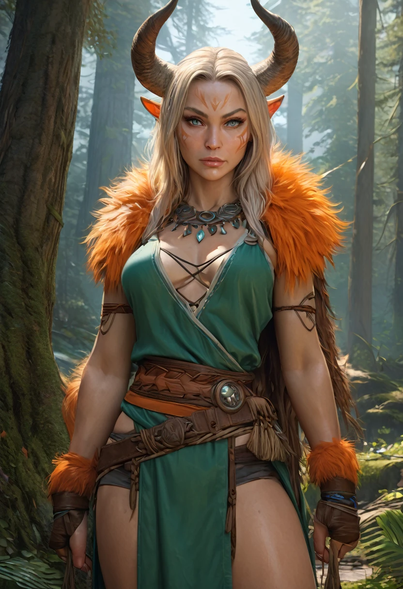 full body shot, (best quality,4k,8k,highres,masterpiece:1.2), ultra-detailed, (realistic,photorealistic,photo-realistic:1.37),(Numerous award-winning masterpieces, incredibly detailed and textured, maximal resolution and clarity), (Hyper-realistic:1.4), (Realistic:1.3), super quality, beautiful detail, super detailed, extra fine, 16K, exquisite, absurd, high resolution, a woman with horns, platinum blonde, pale green eyes, female shaman, muscular female druid, a very beautiful berserker woman, female druid, female forest druid. wearing orange fur, (teal green top), leather top, leather bra, shoulder armor, pelvic curtain. detailed face, beautiful face, orange fur