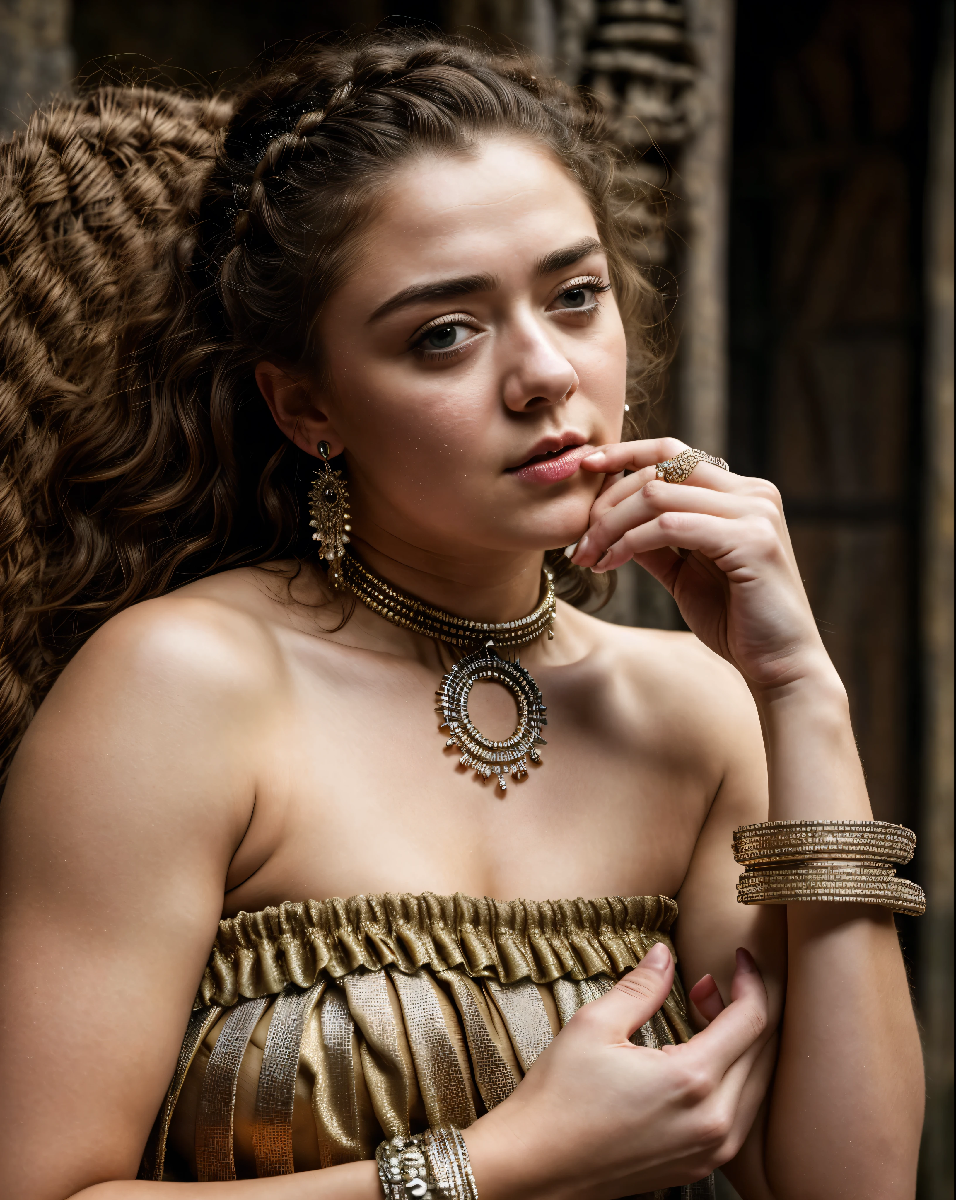 Foto RAW, Arya Stark, Stunning Beauty, Ravishing, Enchantress, Extremely gorgeous lady, Arya Stark PLAYED BY MAISIE WILLIAMS, Queen Arya Stark, she  a mature woman now, milf, sexy mediaeval battle dress, gladiator woman, body, 40 years old Woman, Roman slave dress, cotton dress, busty mediaeval costumes, body revealing costumes, perky breast, big natural breast, erotic costumes, lusty physique, seductive figure can capture every people's attention, Game of thrones costumes, revealing captivating figure, Mediaeval costumes, revealing clothes, A tomboy, she would rather fence than dance, warrior queen , game of thrones screen caps, Game of Thrones Series, (pele altamente detalhada: 1.2), 8k UHD, DSLR, soft-lighting, alta qualidade, grain of film, Fujifilm XT3, flawless picture, highly detailed, detailed Beauty, intricate, 32k, sharp picture, showing her mole on the breast, 