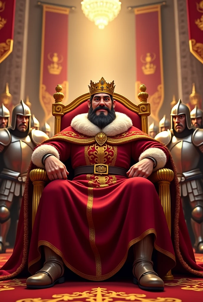 An animated king on a throne surrounded by knights with an arrogant expression