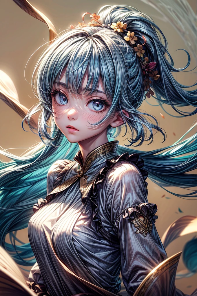 (masterpiece), (best quality), (ultra detailed),(disheveled hair),(illustration), (1girl), (Fashionable clothing), standing, Fashion model, looking at viewer, (interview), (simple background),beautiful detailed eyes, delicate beautiful face, Floating,(high saturation),(colorful splashes),colorful bubble,(shining), focus on face, ponytail, kamisato ayaka, light blue hair, bangs, hair ring, floating flowers, floating hairs, (shining), best lighting, best shadow,