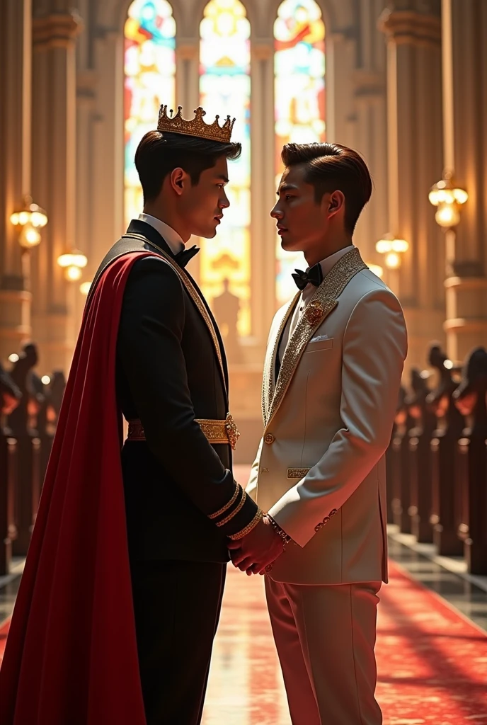 two men, getting married, They are gay, UN BL, WITHOUT ANY WOMEN, no women, men only. 
Shownu:Tall and robust Alpha King, with strong features and short black hair. He wears a black suit with gold details and a red cape., in addition to a golden crown.

Kihyun: Slim Prince Omega with soft features and light brown hair. He wears a white and silver suit with a light cape and a discreet silver crown., HALF FEMALE APPEARANCE.

Environment: Wedding in a luxurious cathedral with marble columns and colorful stained glass windows, creating a solemn and majestic atmosphere