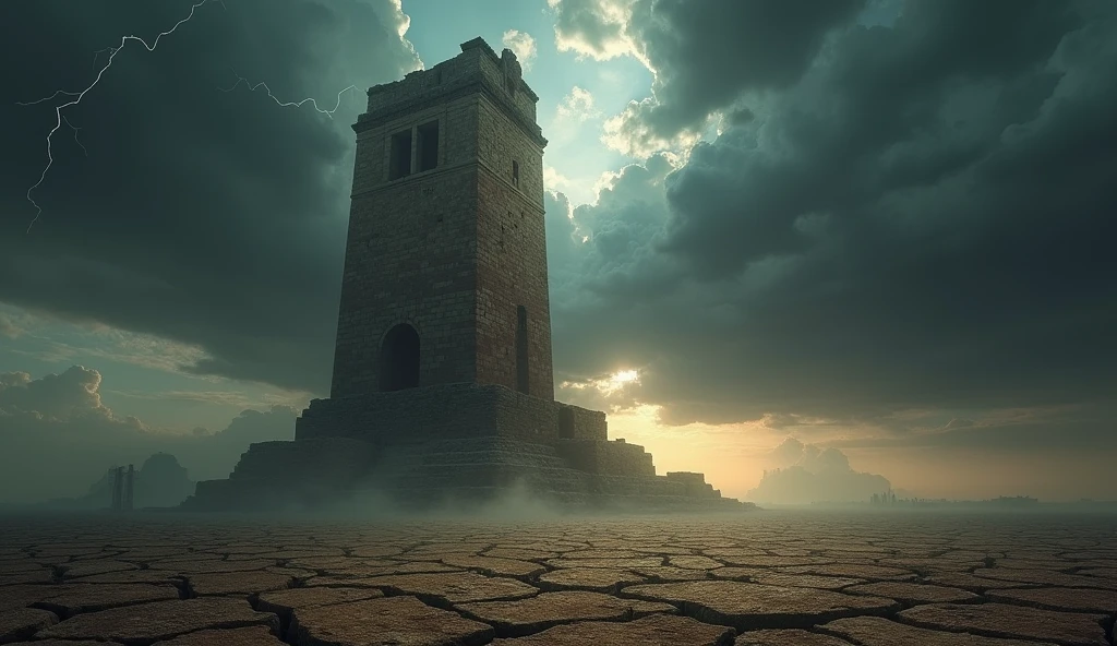 image of the Tower of Babel in the distance, with long shadows and a threatening sky