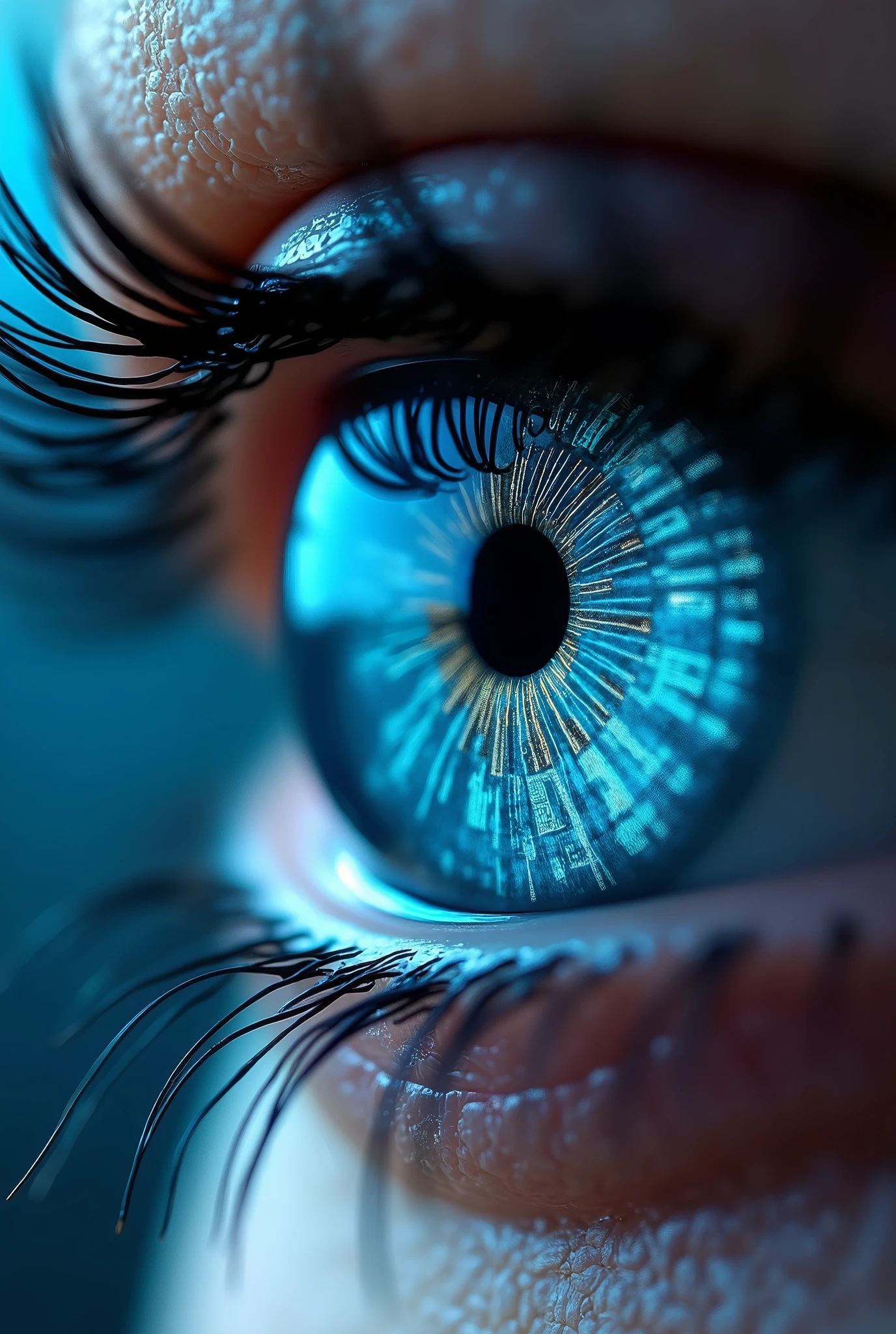A lens for eyes, with an iris with cryptography designs. like an eye with a beautiful blue iris and this cryptography theme in the eyes 