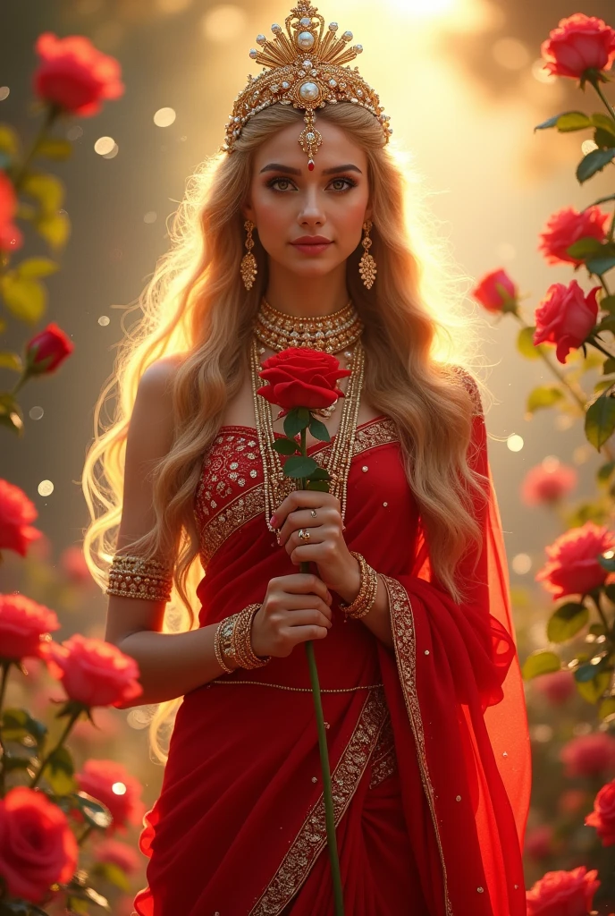 A very beautiful female goddess. In a red saree embroidered with pearls and wearing a crown on her head. He is wearing golden hair on his neck. Or maybe she is also wearing jewellery. She is wearing a nose ring. Or she has earrings on her forehead. There are eyes on me. I have roses in my hands.
