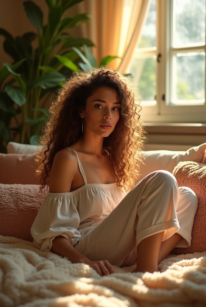 (photorealism:1.2), beautiful woman, sitting on bed, wearing loose off-shoulder top, pajama pants, long curly hair, indoors, soft lighting, plants in background, window with sunlight, cozy room, relaxed pose, realistic, intricate details, warm colors, by Greg Rutkowski, by Alphonse Mucha